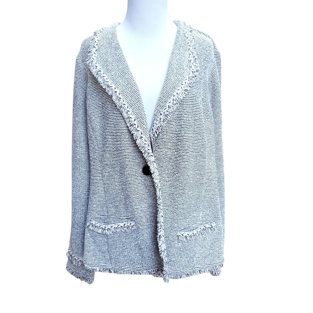 Chico's Sz 3 Black White Tan Fringe Trim Jacket Pockets Chicos XL 16